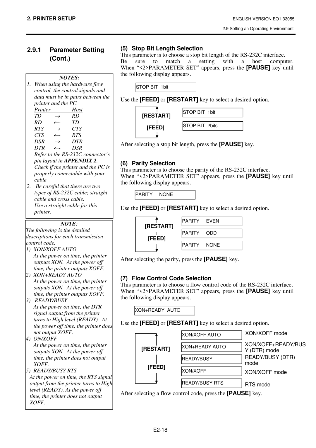 Toshiba B-852 owner manual Stop Bit Length Selection, Parity Selection, Flow Control Code Selection 