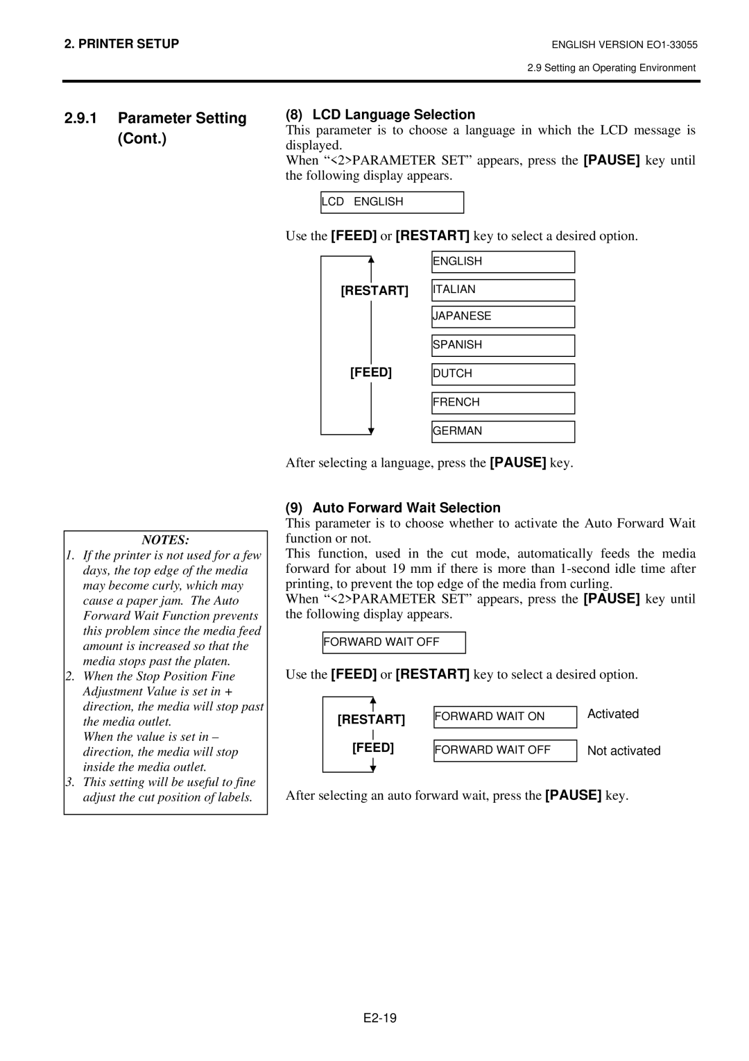 Toshiba B-852 LCD Language Selection, After selecting a language, press the Pause key, Auto Forward Wait Selection 