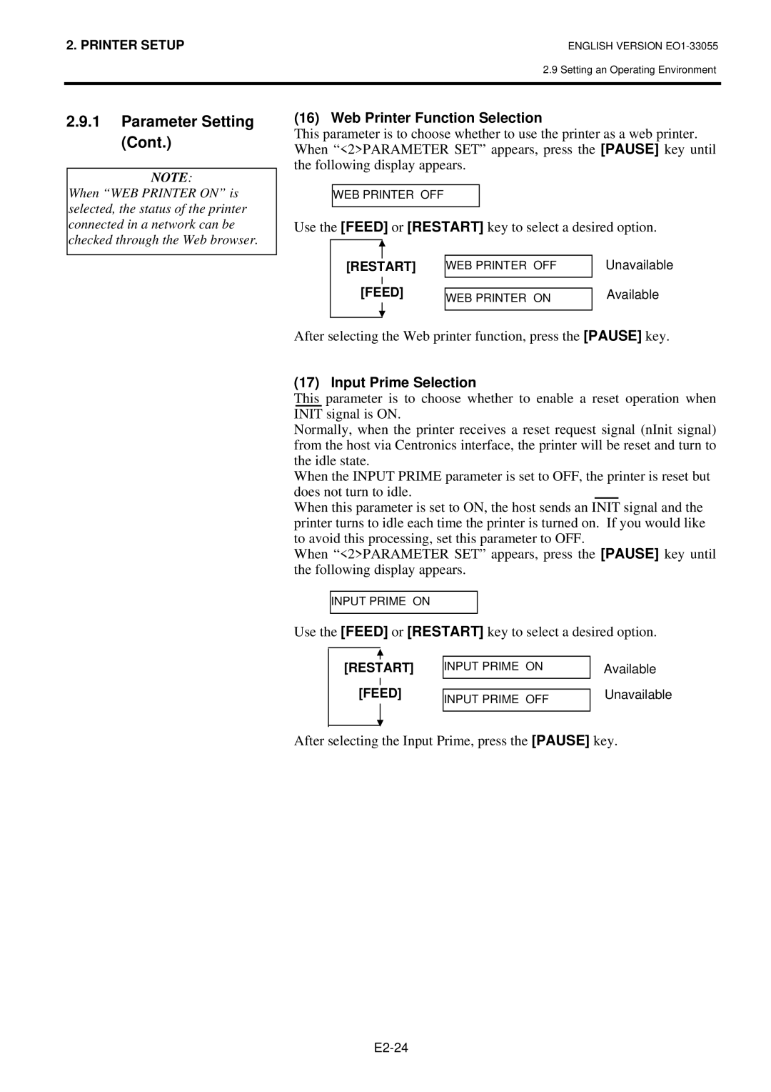 Toshiba B-852 Web Printer Function Selection, Input Prime Selection, After selecting the Input Prime, press the Pause key 