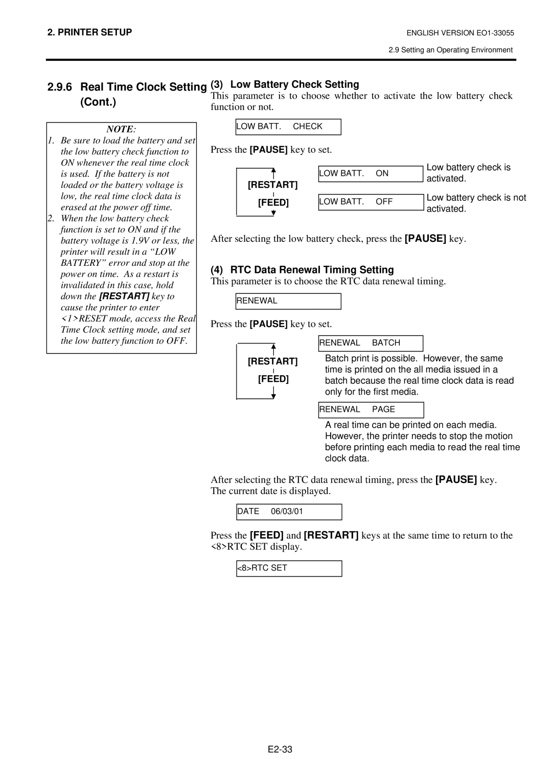 Toshiba B-852 owner manual Real Time Clock Setting 3 Low Battery Check Setting, Cont, RTC Data Renewal Timing Setting 