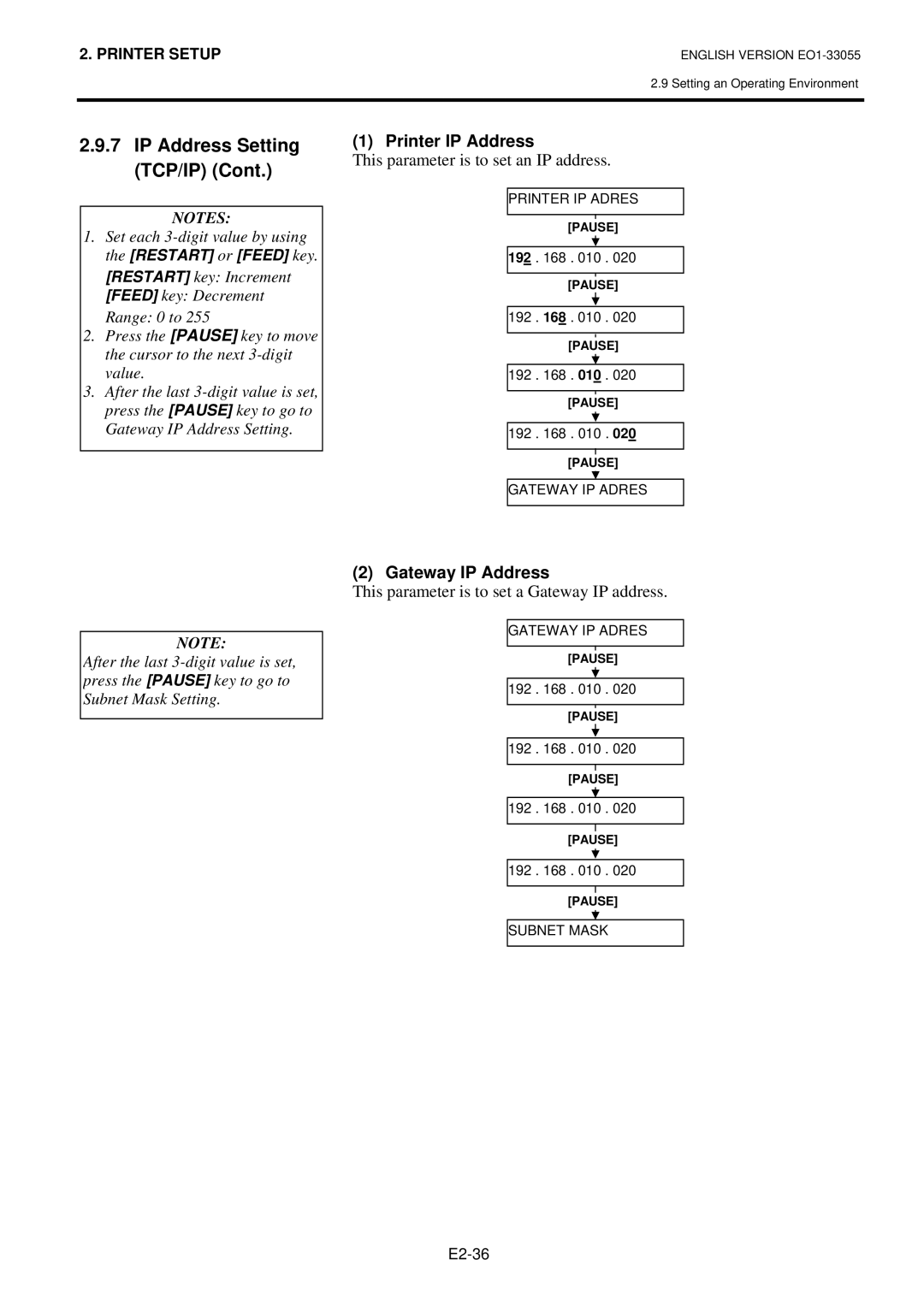 Toshiba B-852 owner manual Printer IP Address, This parameter is to set an IP address, Gateway IP Address 