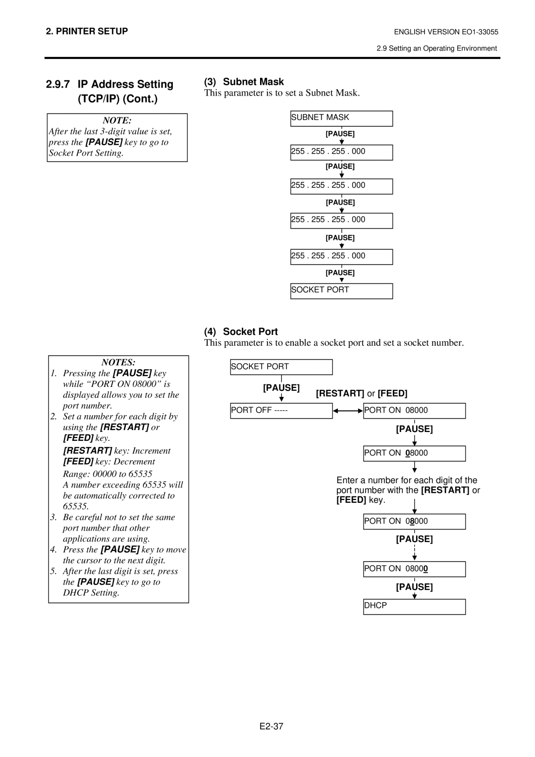 Toshiba B-852 owner manual This parameter is to set a Subnet Mask, Socket Port 