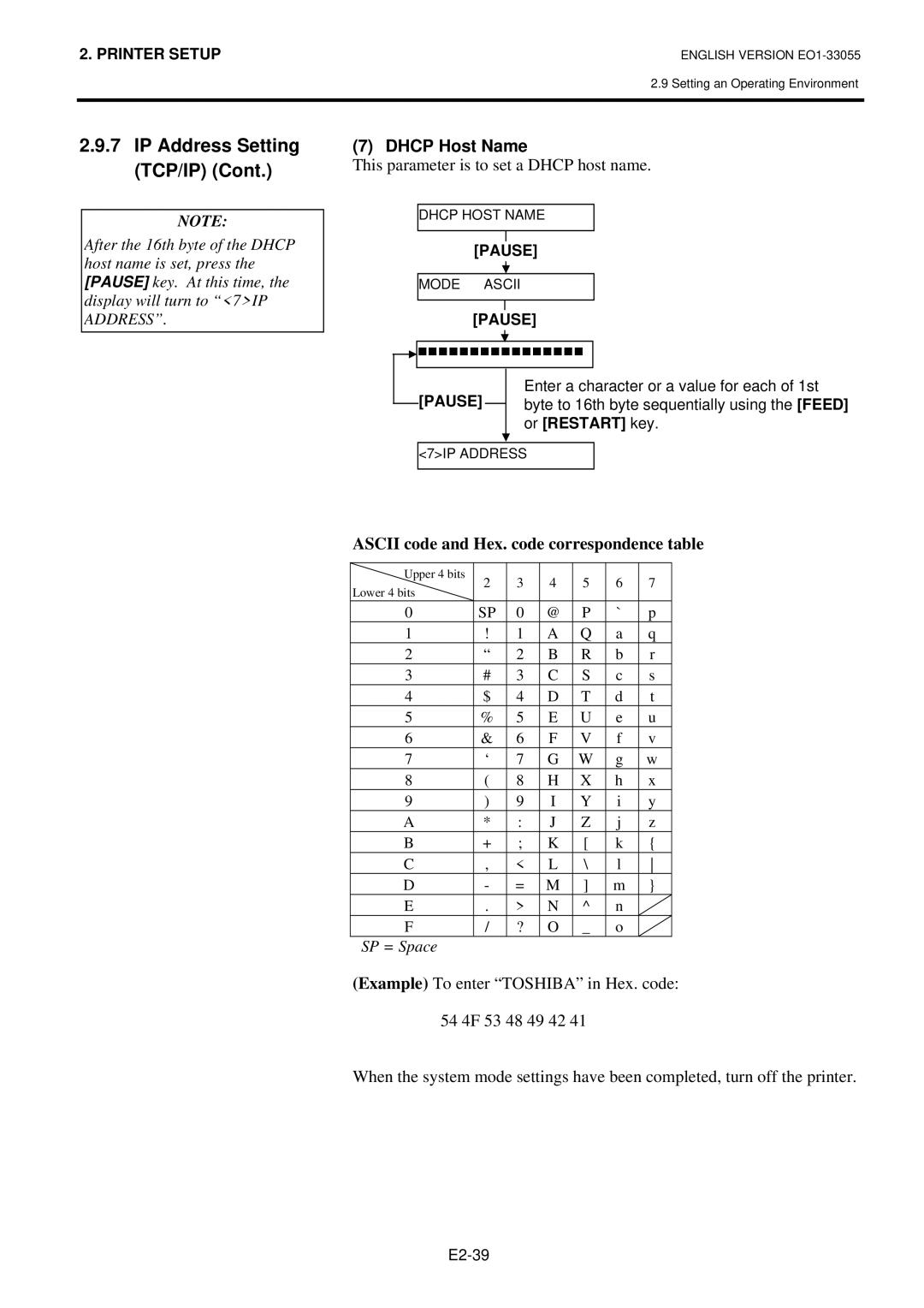 Toshiba B-852 Dhcp Host Name, This parameter is to set a Dhcp host name, Ascii code and Hex. code correspondence table 