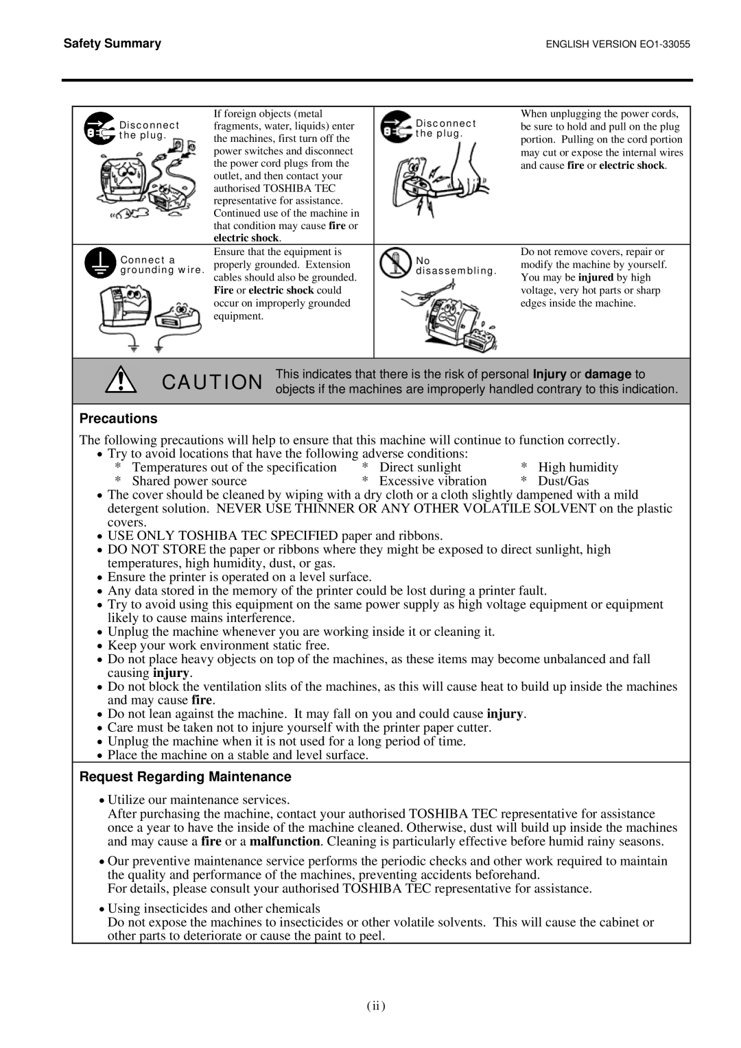 Toshiba B-852 owner manual Precautions, Request Regarding Maintenance 