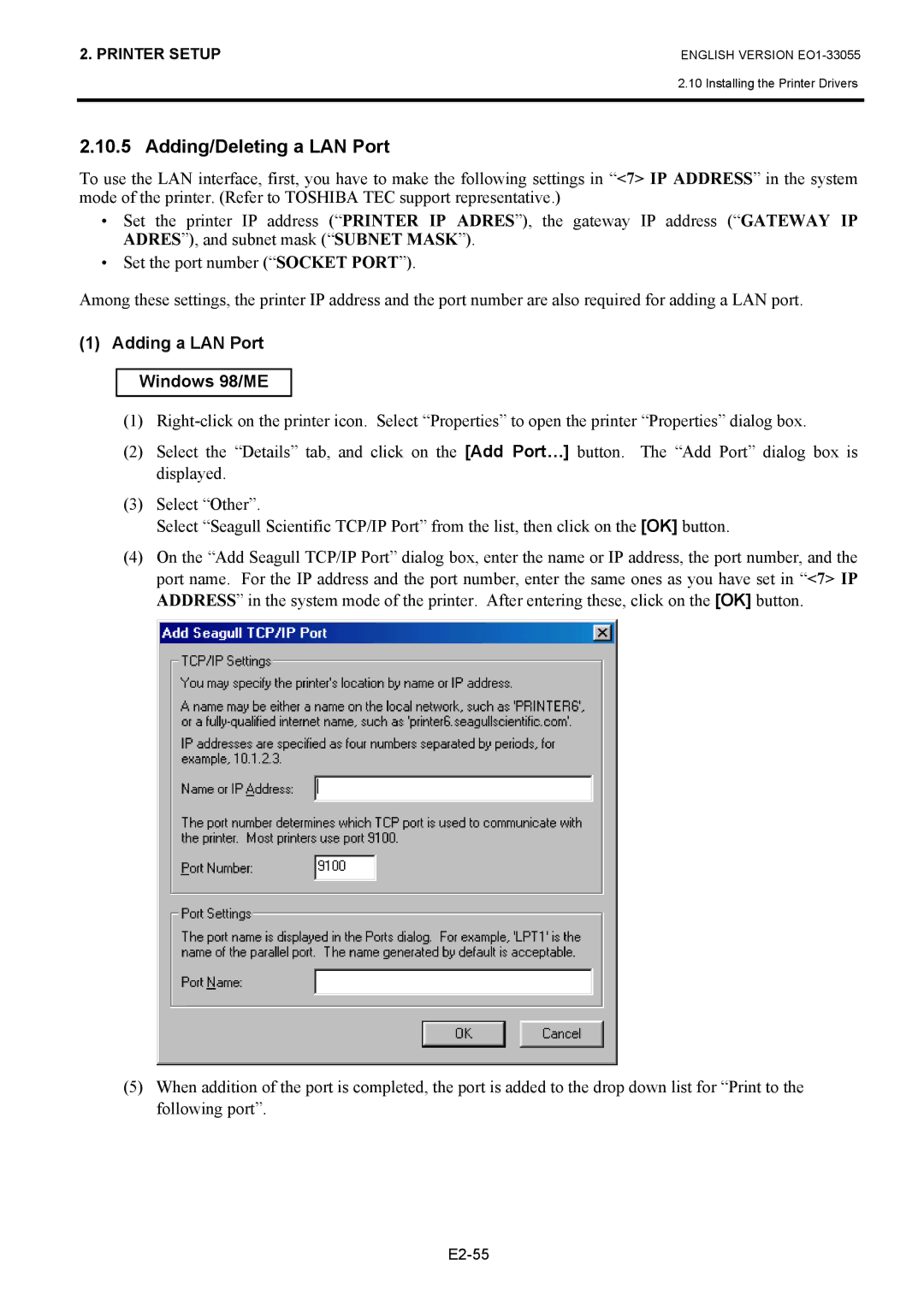 Toshiba B-852 owner manual Adding/Deleting a LAN Port, Adding a LAN Port Windows 98/ME 