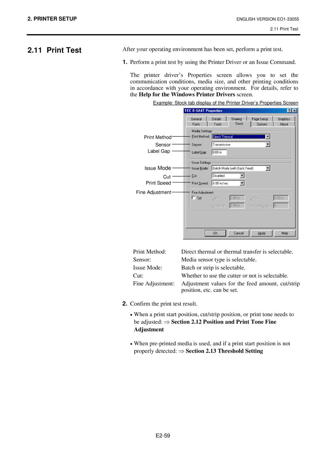 Toshiba B-852 owner manual Print Test, Adjustment 