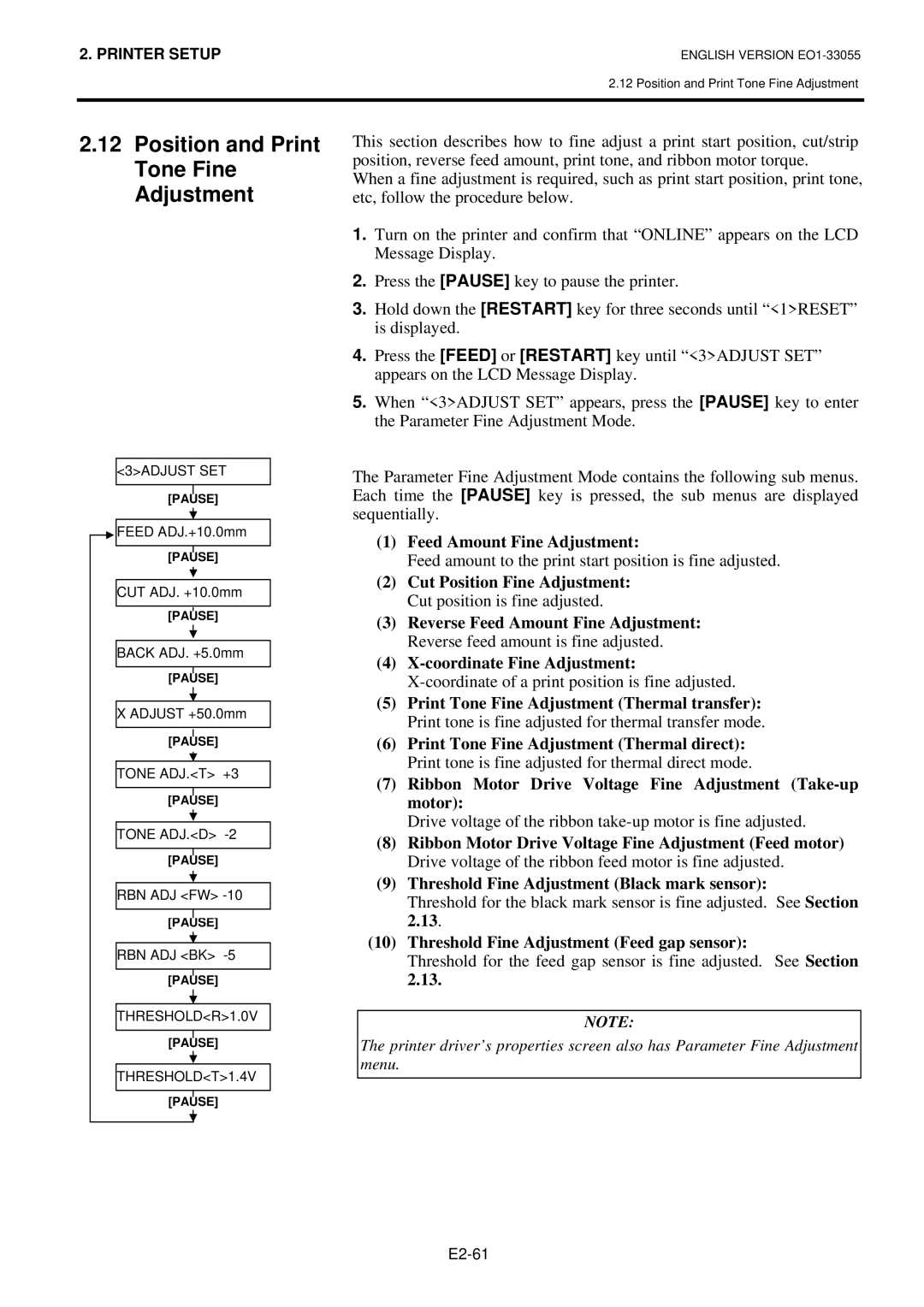 Toshiba B-852 owner manual Position and Print Tone Fine Adjustment, Feed Amount Fine Adjustment, Coordinate Fine Adjustment 