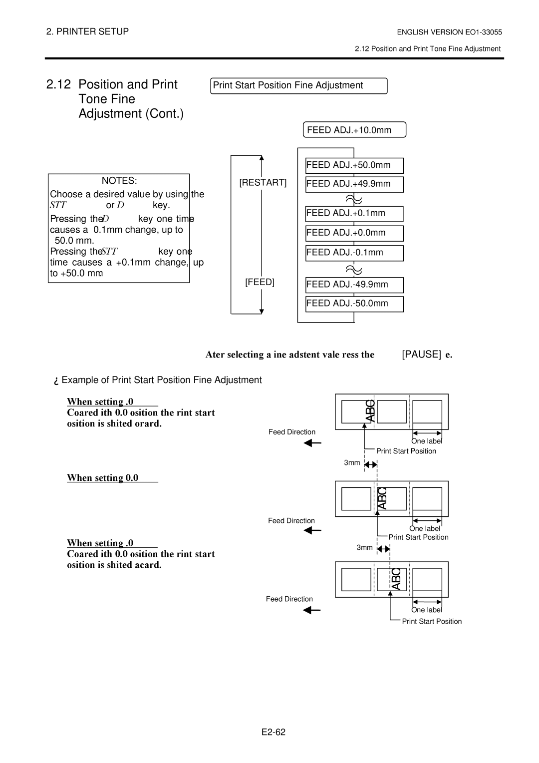 Toshiba B-852 owner manual After selecting a fine adjustment value, press the Pause key, When setting +0.0 mm 