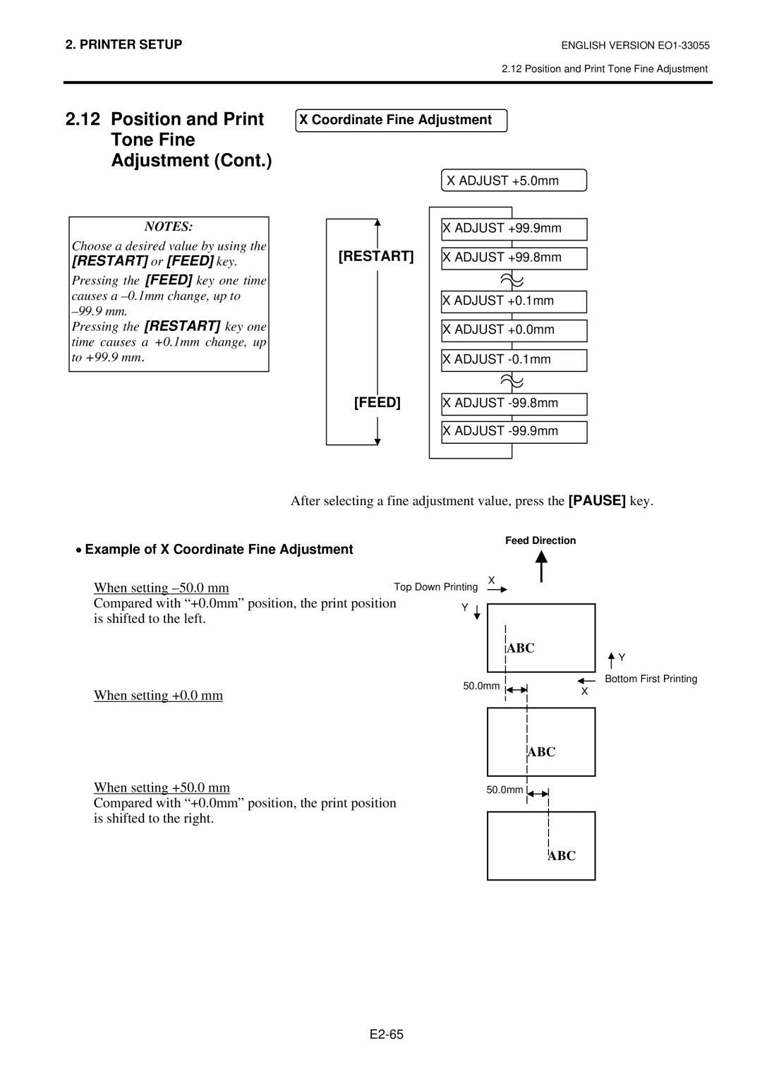 Toshiba B-852 owner manual When setting -50.0 mm, When setting +50.0 mm 