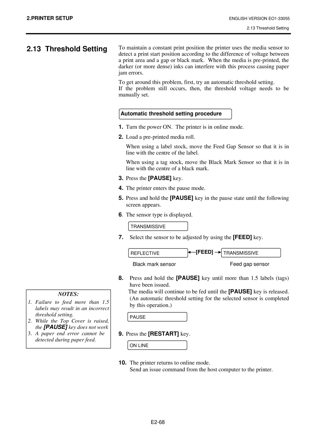 Toshiba B-852 Threshold Setting, Jam errors, Manually set, Select the sensor to be adjusted by using the Feed key 