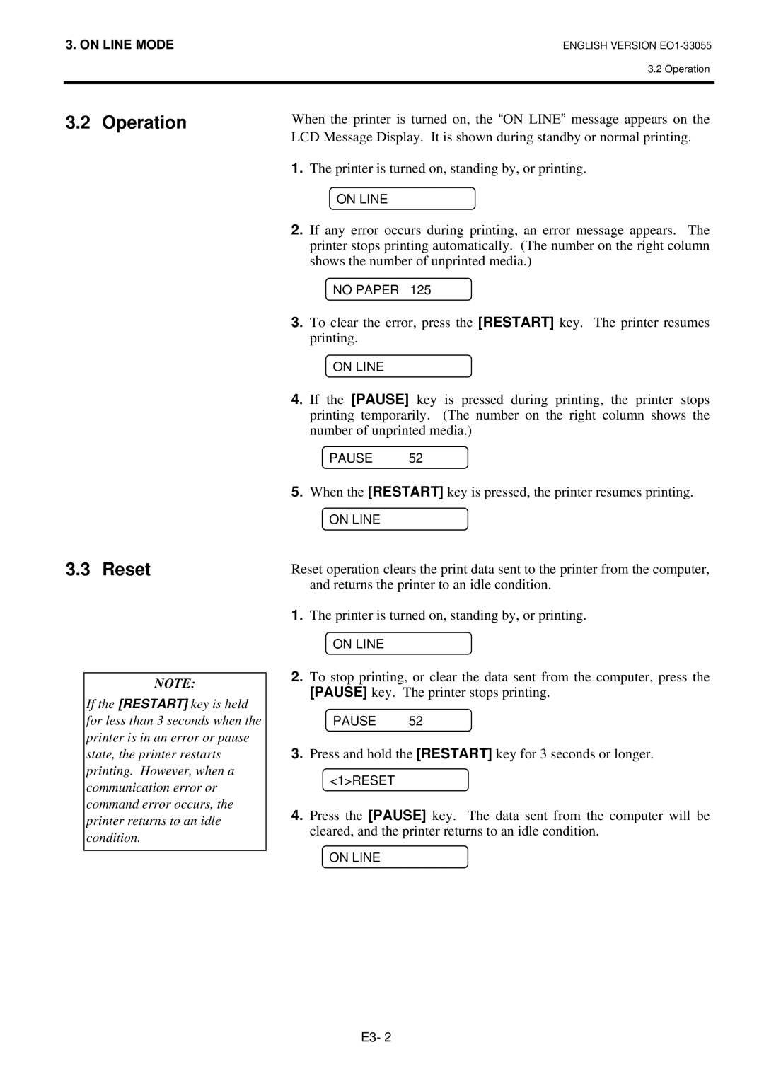 Toshiba B-852 owner manual Operation Reset, Press and hold the Restart key for 3 seconds or longer 