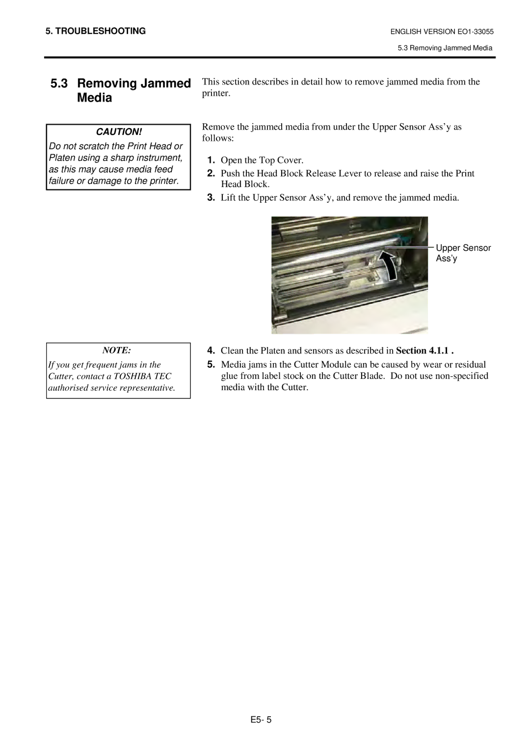 Toshiba B-852 owner manual Removing Jammed Media 