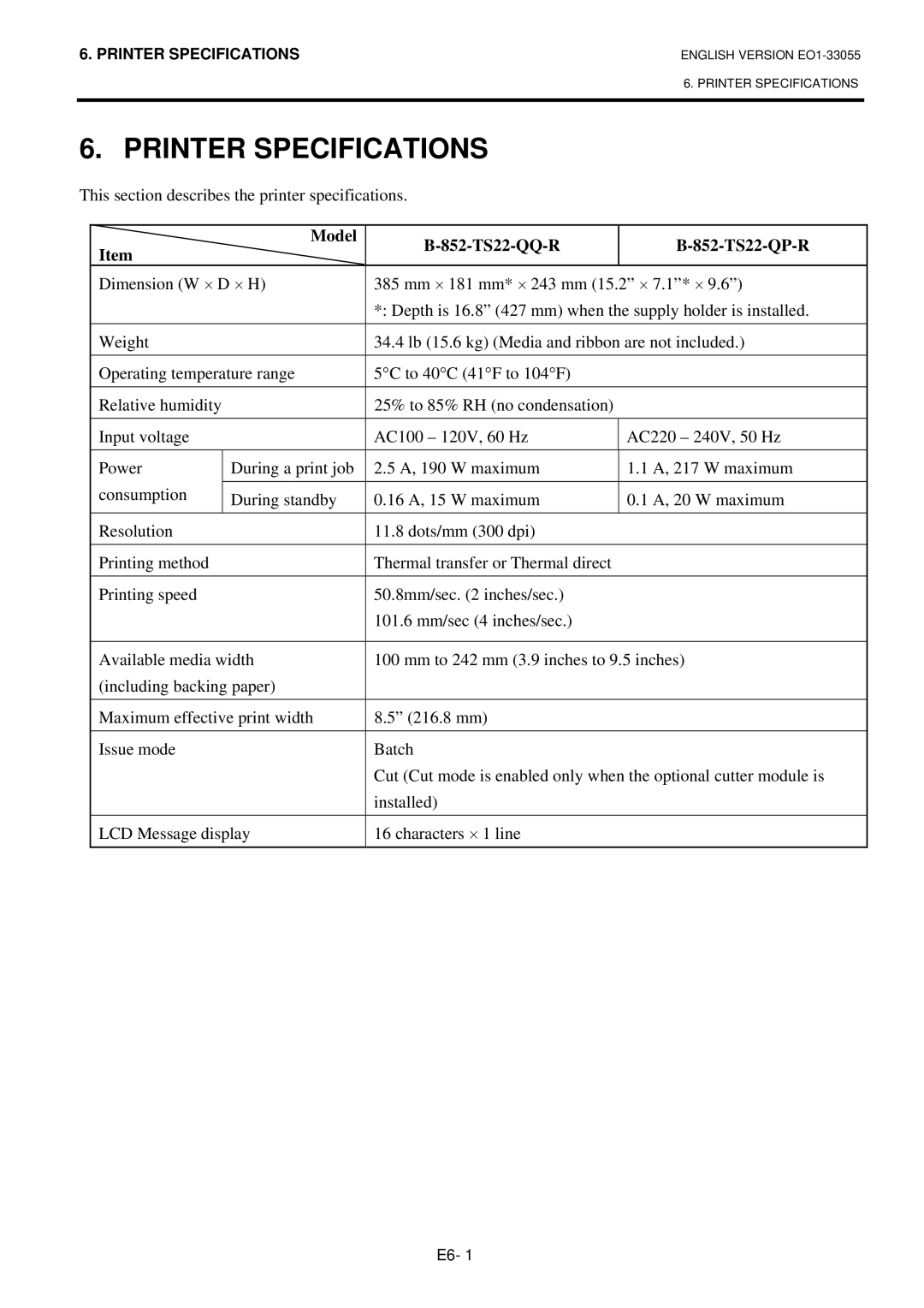 Toshiba B-852 Printer Specifications, This section describes the printer specifications, Model 852-TS22-QQ-R 852-TS22-QP-R 