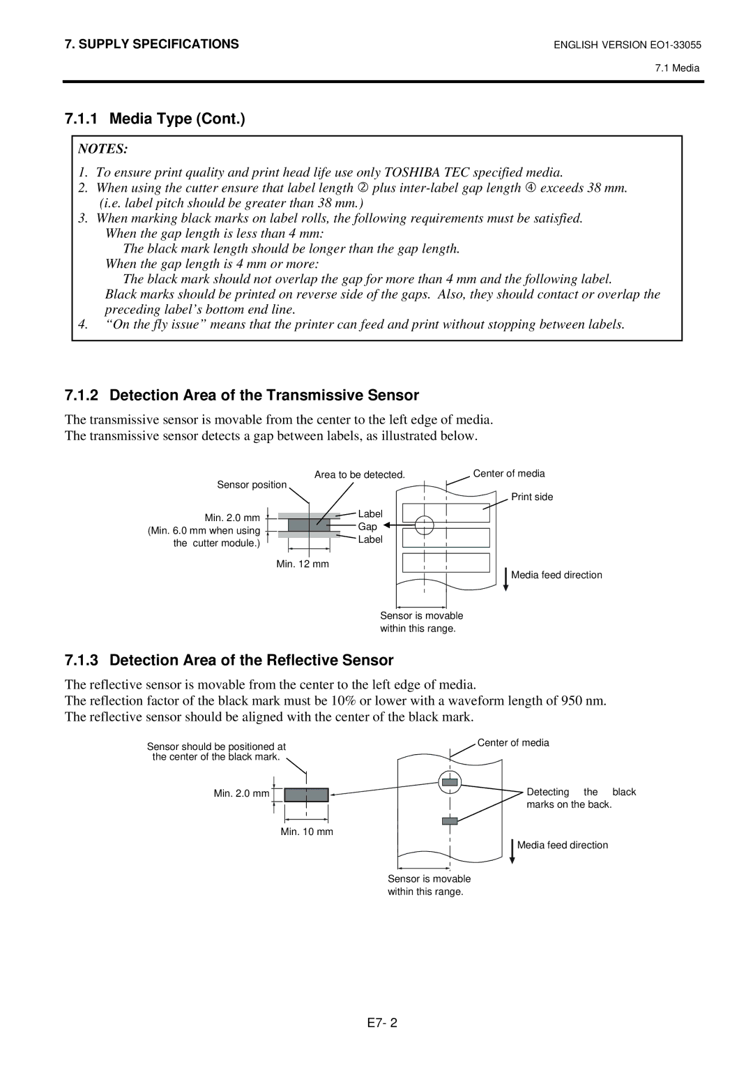 Toshiba B-852 owner manual Detection Area of the Transmissive Sensor, Detection Area of the Reflective Sensor 