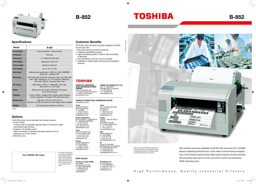 Toshiba B-852 specifications Specifications, Options, Customer Benefits 