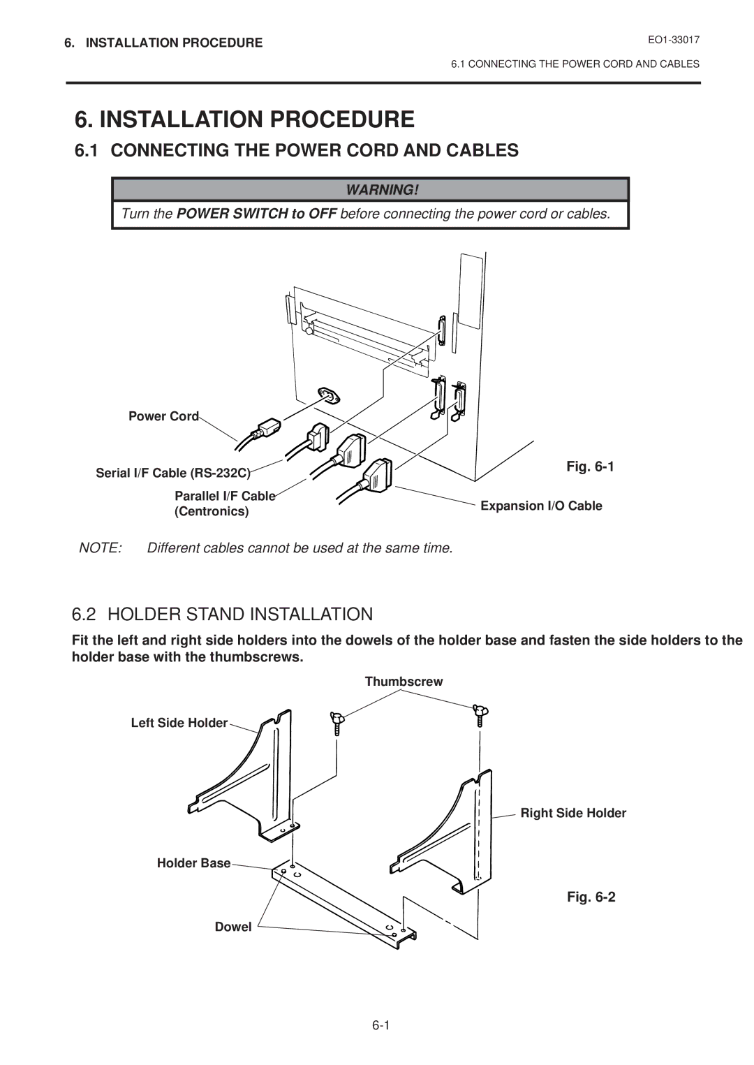 Toshiba B-880-QQ SERIES Installation Procedure, Connecting the Power Cord and Cables, Holder Stand Installation 