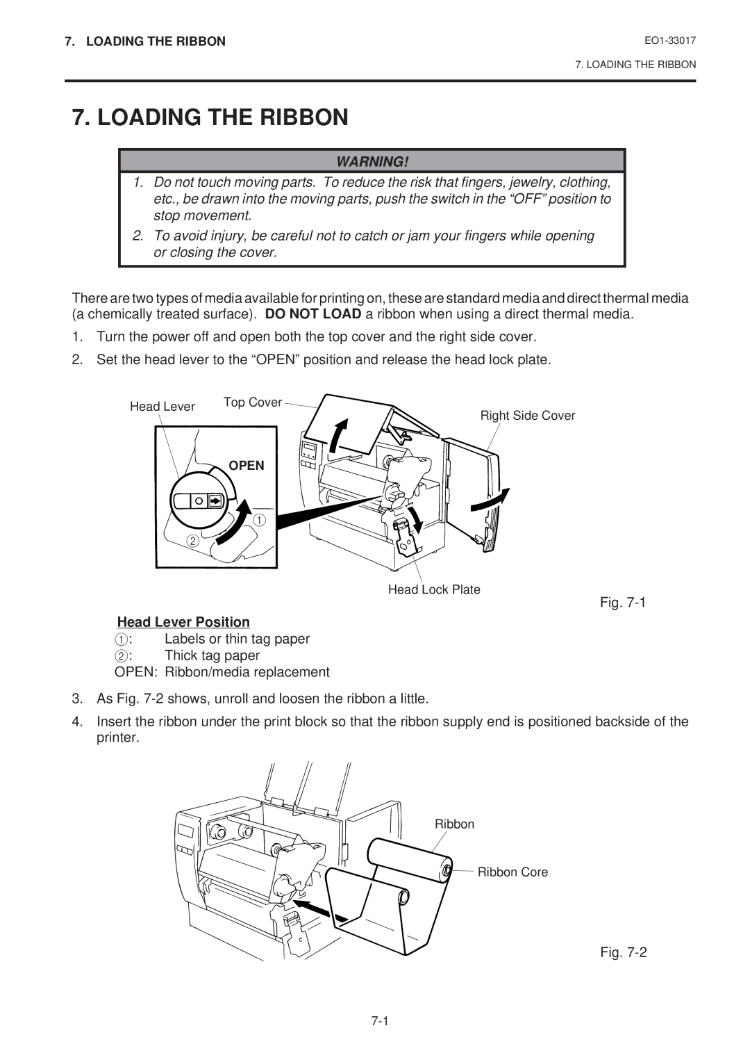 Toshiba B-880-QQ SERIES owner manual Loading the Ribbon, Head Lever Position 