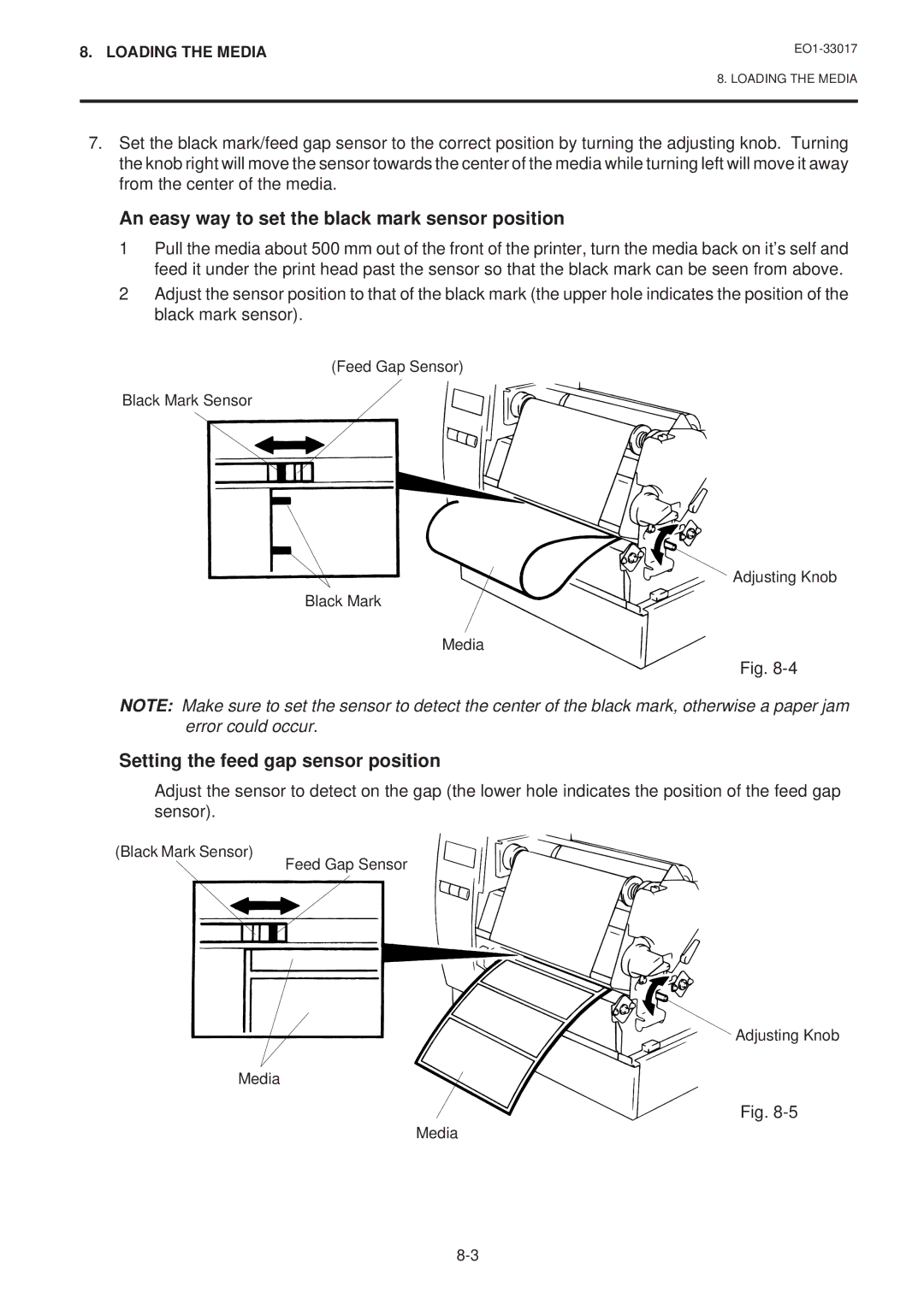 Toshiba B-880-QQ SERIES An easy way to set the black mark sensor position, Setting the feed gap sensor position 