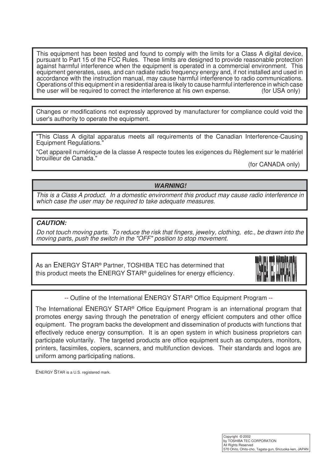 Toshiba B-880-QQ SERIES owner manual Energy Star is a U.S. registered mark 