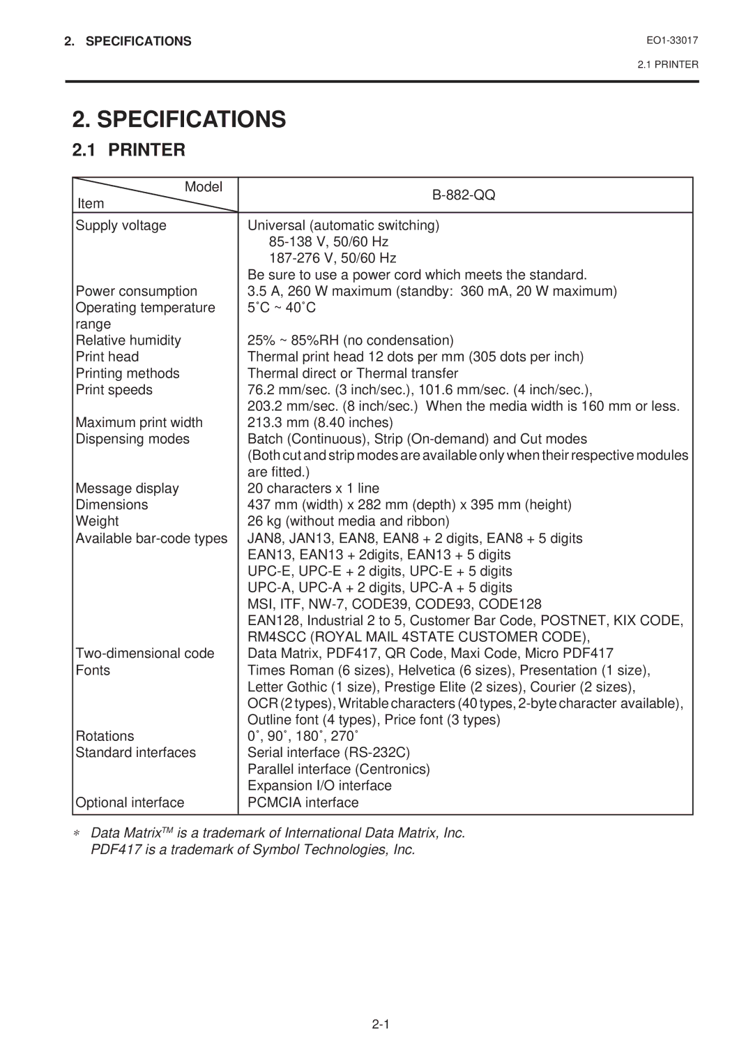 Toshiba B-880-QQ SERIES owner manual Specifications, Printer 