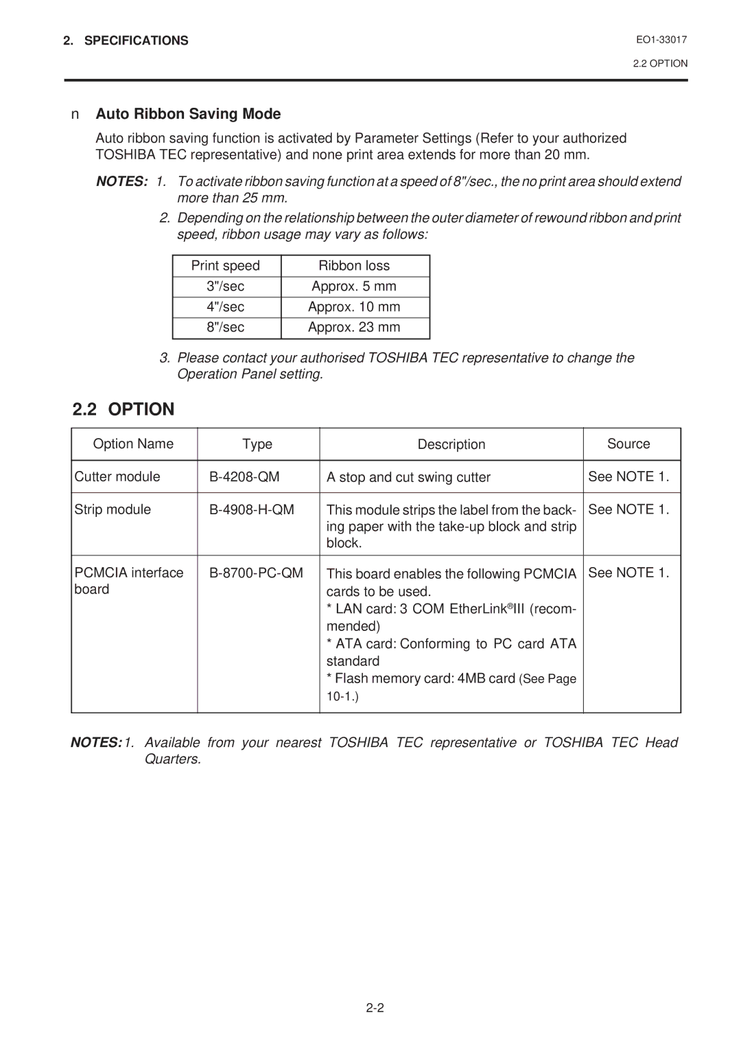 Toshiba B-880-QQ SERIES owner manual Option, Auto Ribbon Saving Mode 