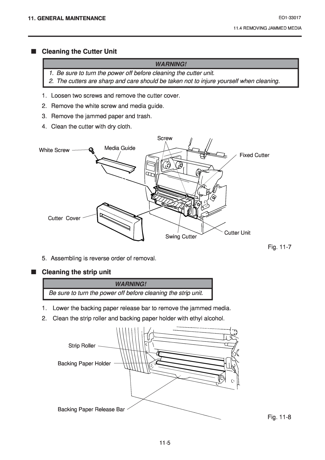 Toshiba B-880-QQ SERIES owner manual Cleaning the Cutter Unit, Cleaning the strip unit 