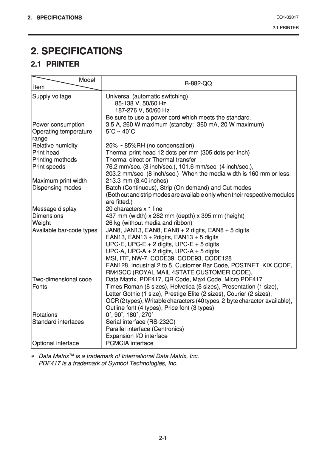 Toshiba B-880-QQ SERIES owner manual Specifications, Printer 