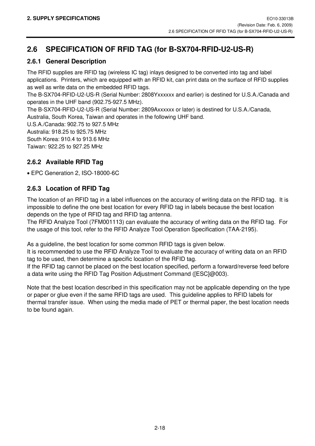 Toshiba B-SX5T, B-9700-LAN-QM-R, B9700LANQMR manual Specification of Rfid TAG for B-SX704-RFID-U2-US-R 