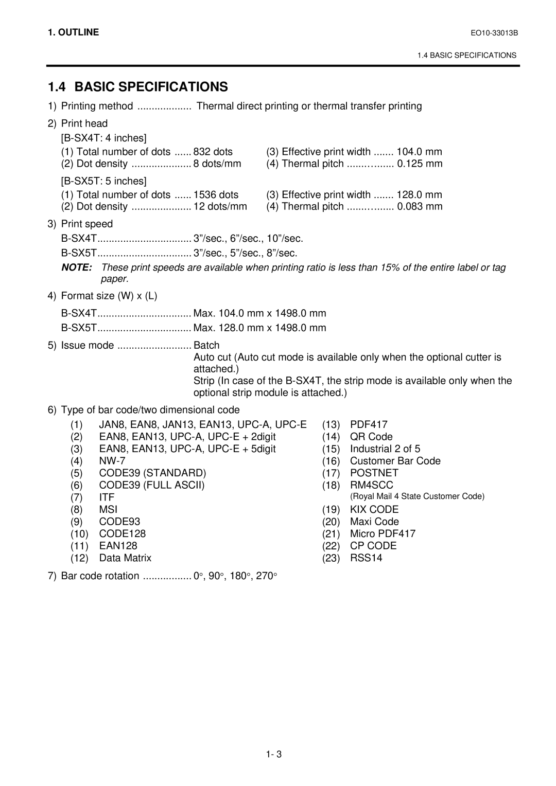 Toshiba B9700LANQMR, B-9700-LAN-QM-R, B-SX5T manual Basic Specifications, JAN8, EAN8, JAN13, EAN13, UPC-A, UPC-E 