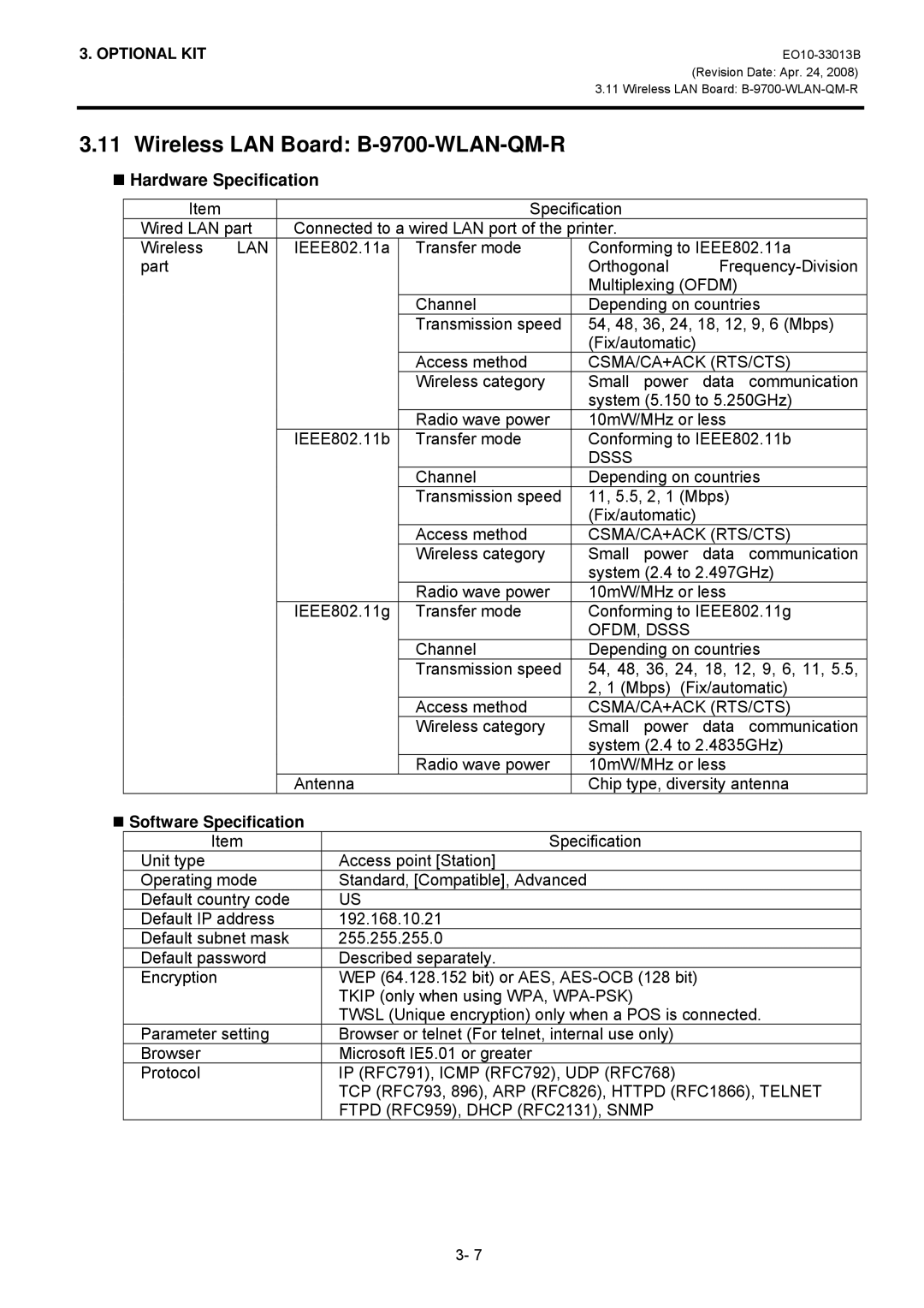 Toshiba B-9700-LAN-QM-R, B-SX5T, B9700LANQMR manual Wireless LAN Board B-9700-WLAN-QM-R, „ Hardware Specification 