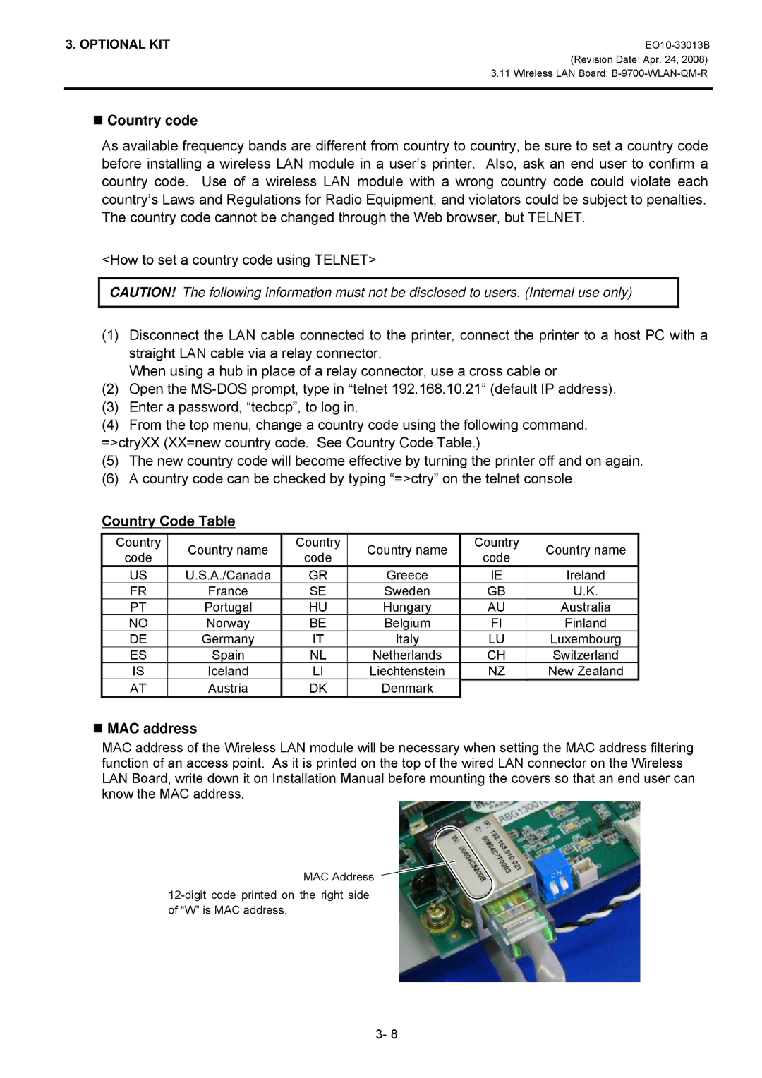 Toshiba B-SX5T, B-9700-LAN-QM-R, B9700LANQMR manual „ Country code, Country Code Table, „ MAC address 