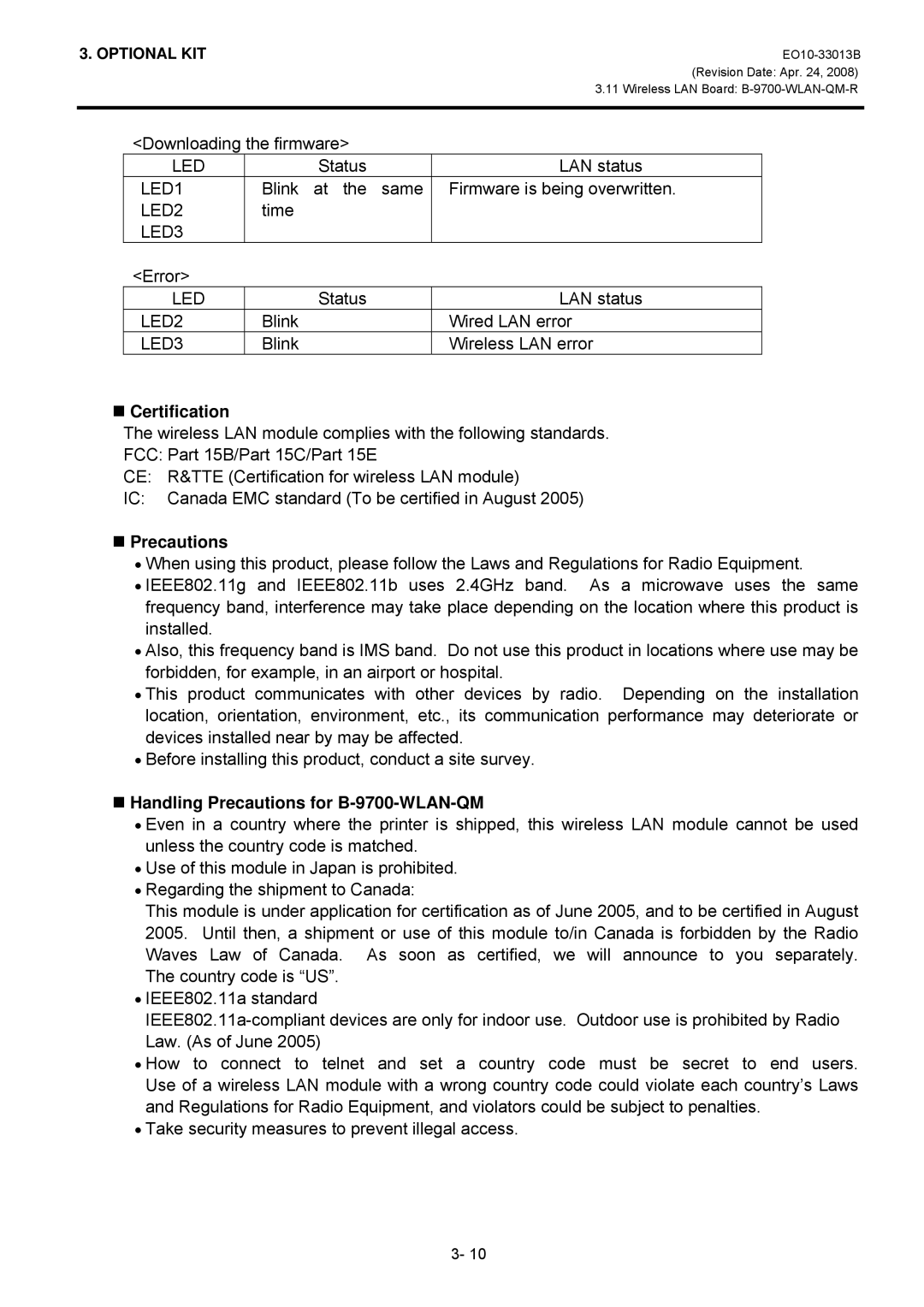 Toshiba B-9700-LAN-QM-R, B-SX5T, B9700LANQMR manual „ Certification, „ Precautions, „ Handling Precautions for B-9700-WLAN-QM 