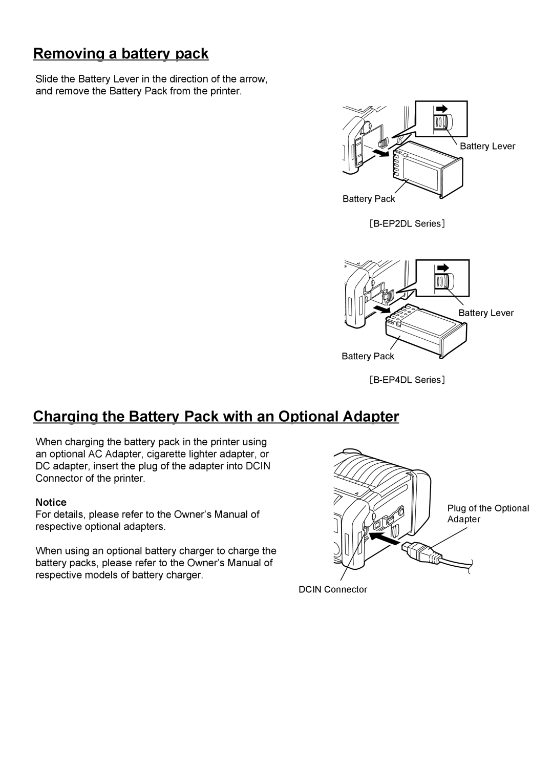 Toshiba B-EP4DL, B-EP2DL owner manual Removing a battery pack, Charging the Battery Pack with an Optional Adapter 