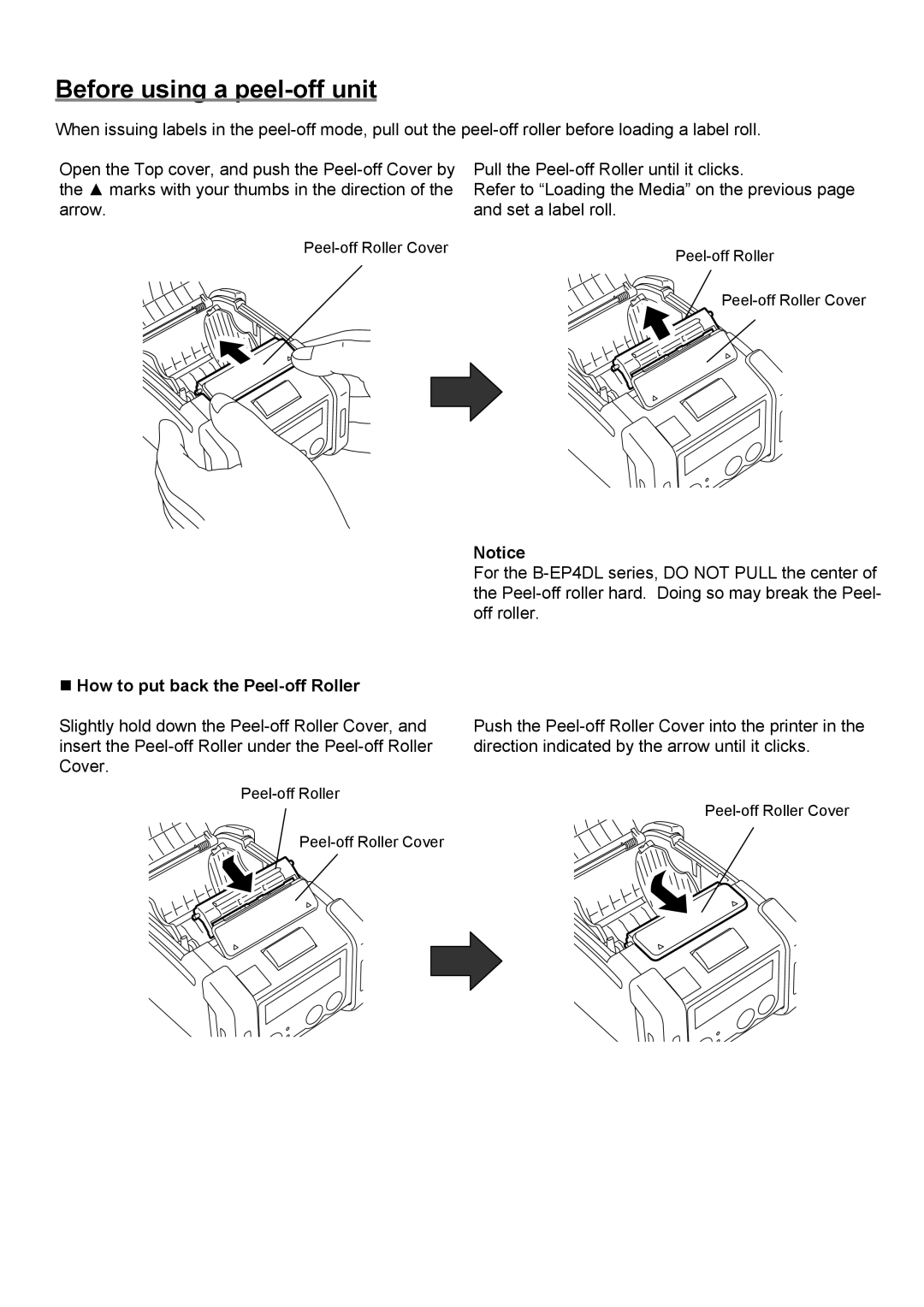 Toshiba B-EP4DL, B-EP2DL owner manual Before using a peel-off unit, „ How to put back the Peel-off Roller 