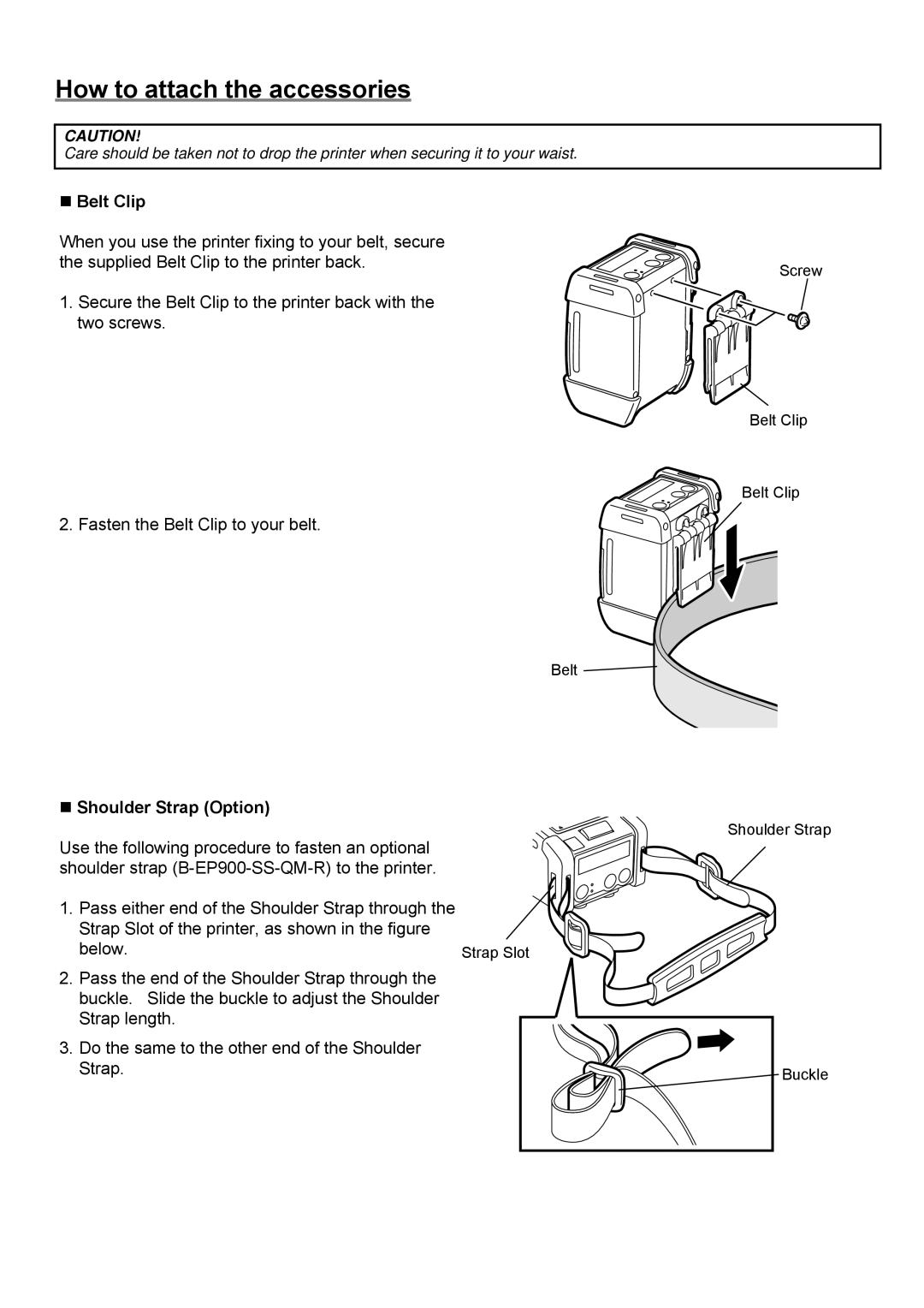 Toshiba B-EP2DL, B-EP4DL owner manual How to attach the accessories, „ Belt Clip, „ Shoulder Strap Option 