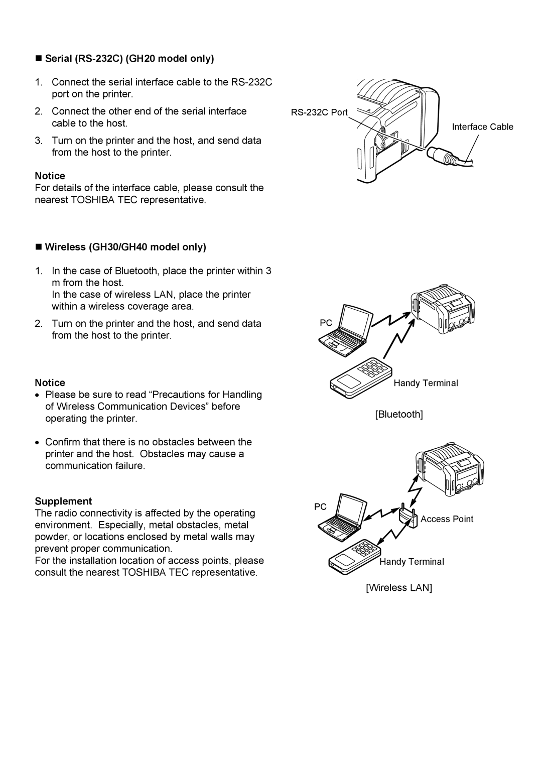 Toshiba B-EP2DL, B-EP4DL owner manual „ Serial RS-232C GH20 model only, „ Wireless GH30/GH40 model only 