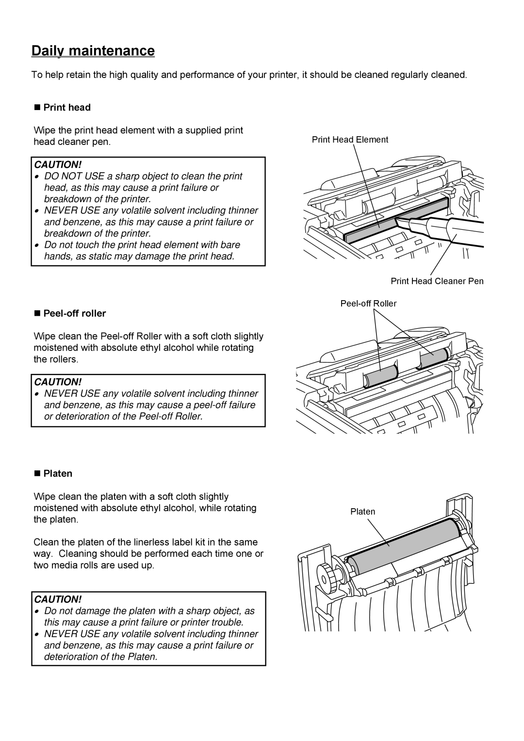 Toshiba B-EP4DL, B-EP2DL owner manual Daily maintenance, „ Print head, „ Peel-off roller, „ Platen 