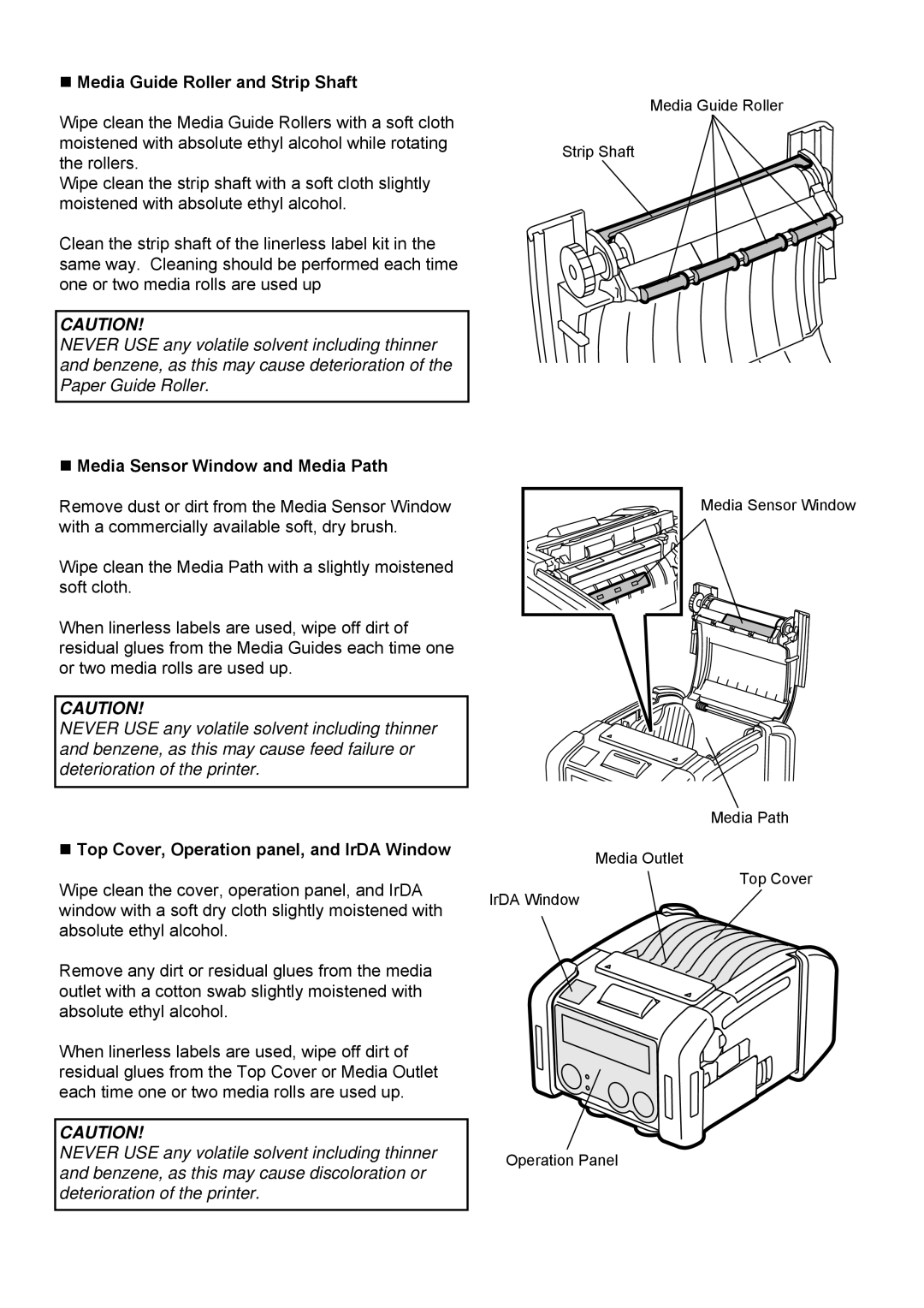 Toshiba B-EP2DL, B-EP4DL owner manual „ Media Guide Roller and Strip Shaft, „ Media Sensor Window and Media Path 