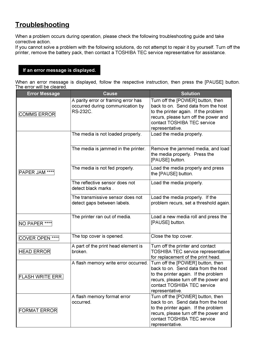 Toshiba B-EP4DL, B-EP2DL owner manual Troubleshooting, If an error message is displayed 