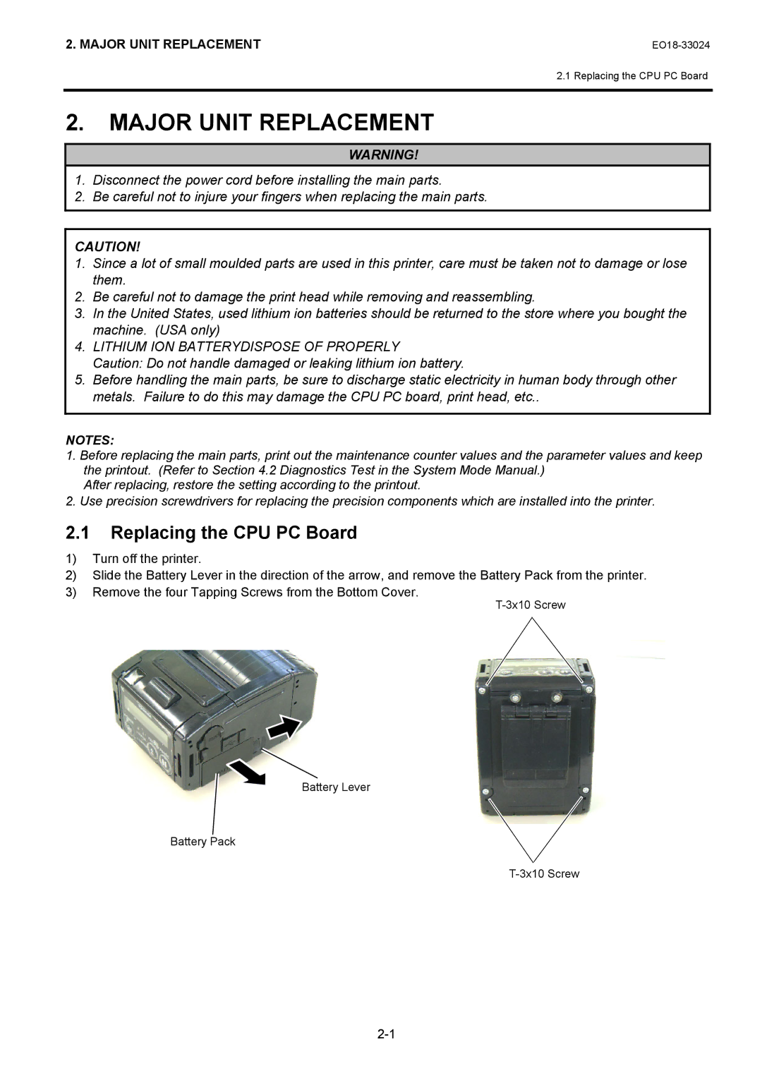 Toshiba B-EP2DL manual Major Unit Replacement, Replacing the CPU PC Board 