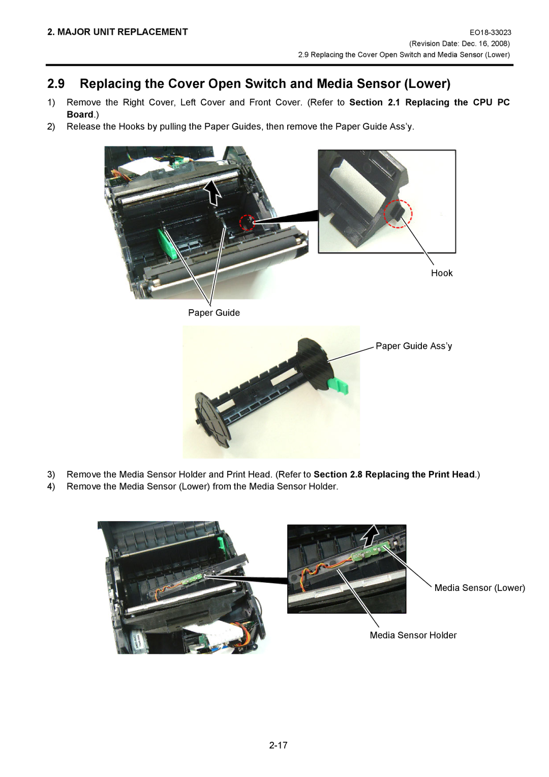 Toshiba B-EP4DL manual Replacing the Cover Open Switch and Media Sensor Lower 