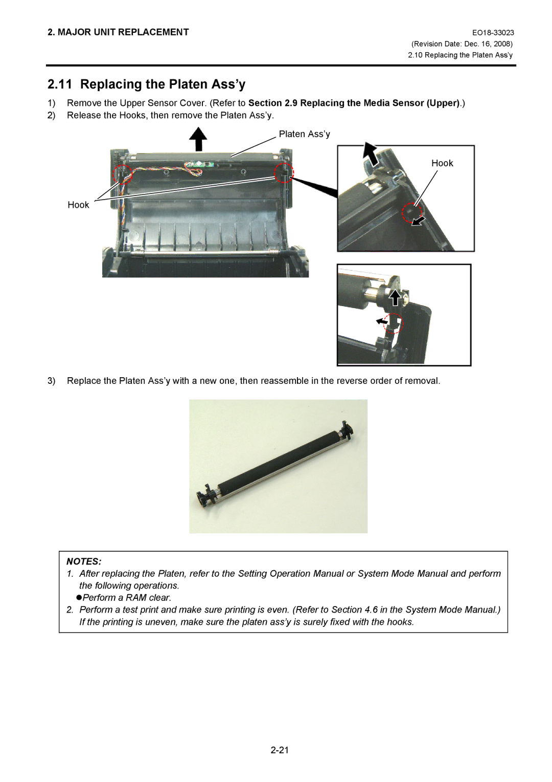 Toshiba B-EP4DL manual Replacing the Platen Ass’y 