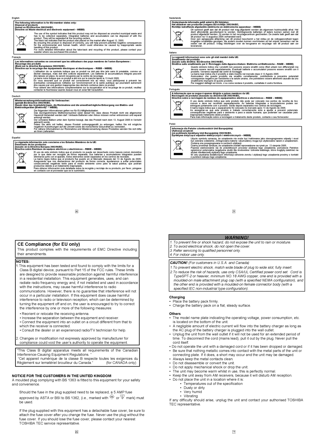 Toshiba B-EP800-CHG-QM-R owner manual Charging, Others 