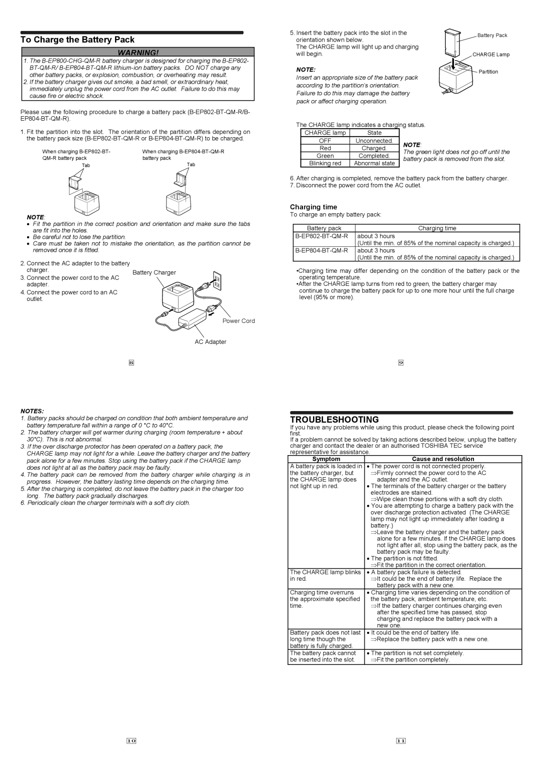 Toshiba B-EP800-CHG-QM-R owner manual To Charge the Battery Pack, Symptom, Cause and resolution 