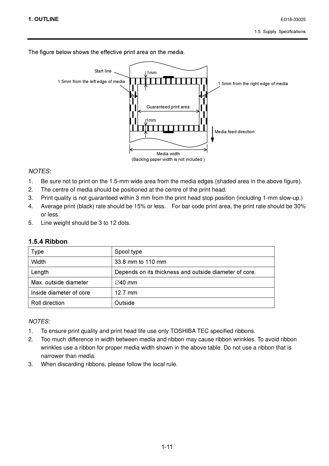 Toshiba B-EV4 manual Ribbon, Figure below shows the effective print area on the media 