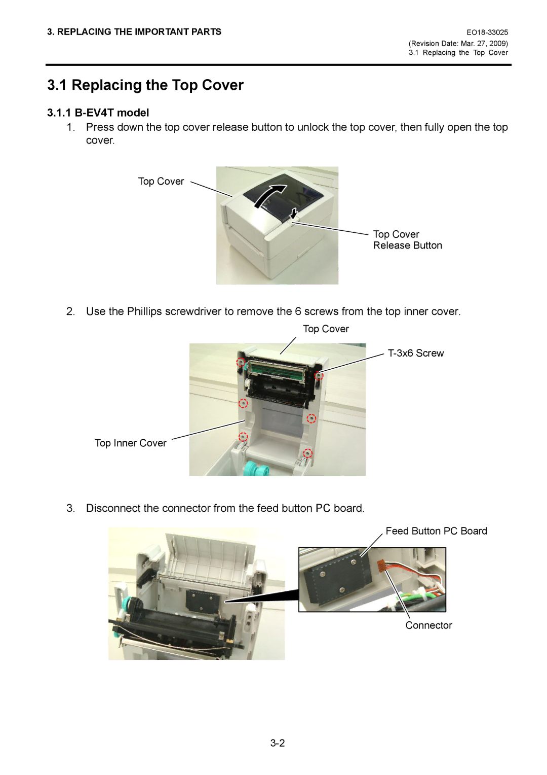 Toshiba B-EV4 manual Replacing the Top Cover, EV4T model 