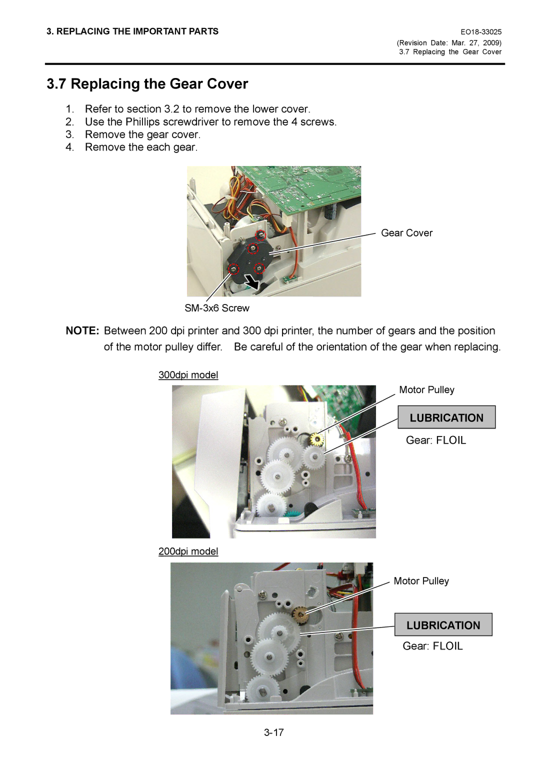 Toshiba B-EV4 manual Replacing the Gear Cover 