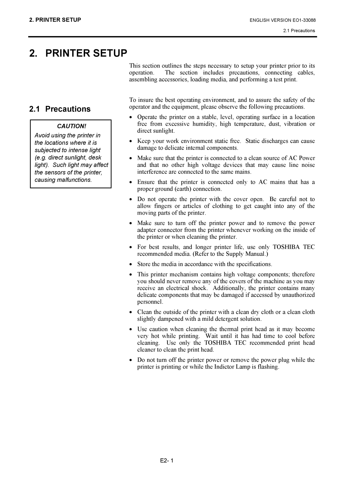 Toshiba B-EV4D owner manual Printer Setup, Precautions 