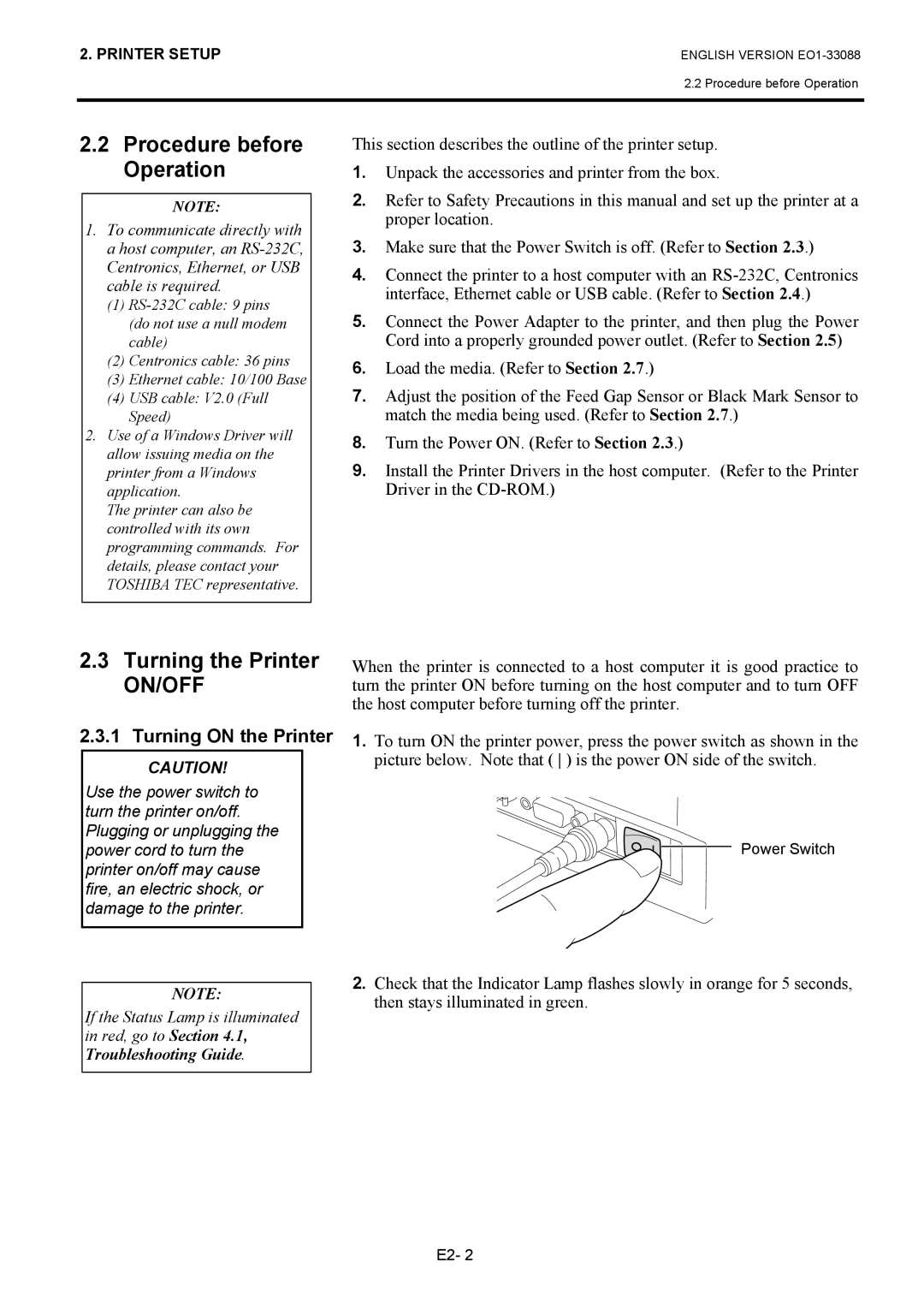 Toshiba B-EV4D owner manual Procedure before Operation, Turning the Printer, Turning on the Printer 