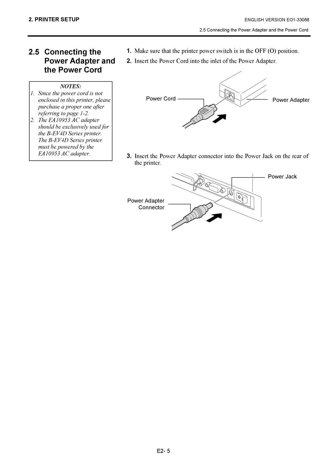 Toshiba B-EV4D owner manual Connecting the Power Adapter and the Power Cord 